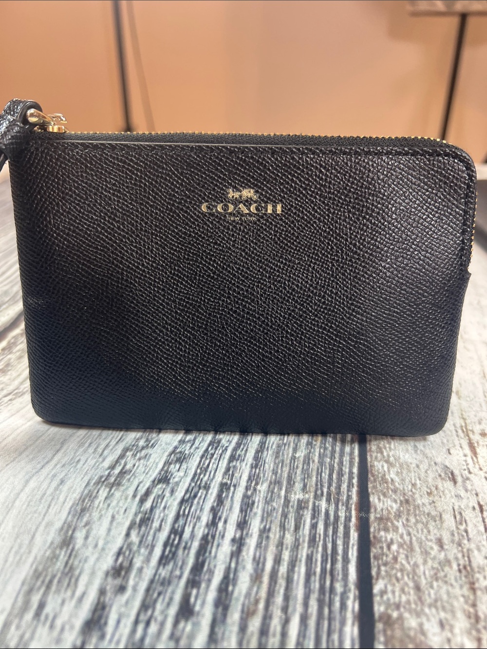 Coach Black Pebbled Leather Zip Pouch with Gold Logo